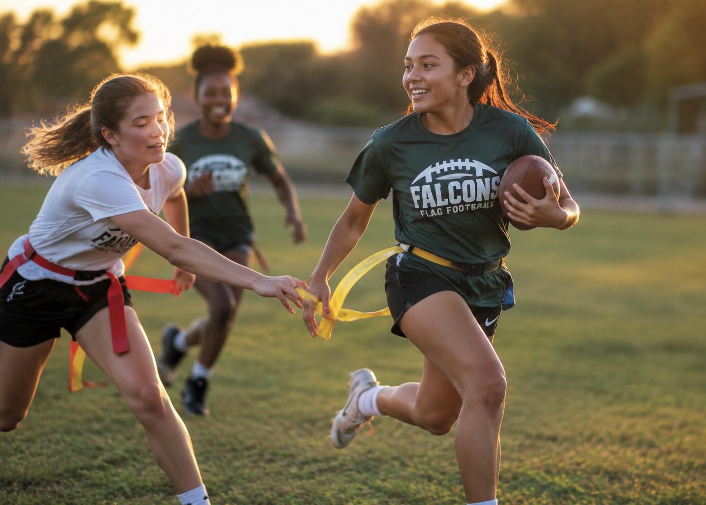 Girls playing flag football at golden hour